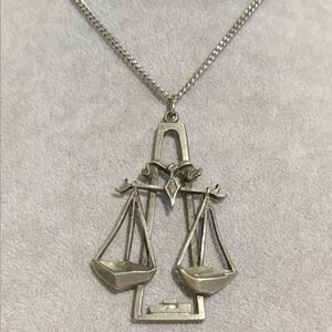 VINTAGE Libra Zodiac Scales Necklace Pewter Astrology Pendant 1970s 30"